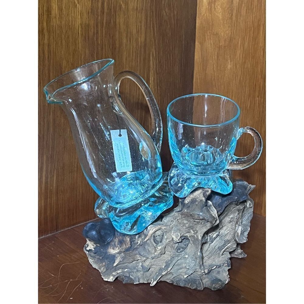 W&W Teak Driftwood Glass Pitcher Set #GF8334 NWT